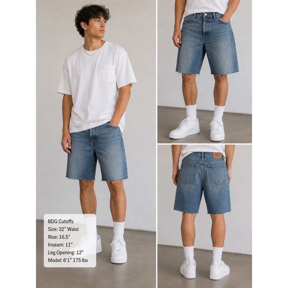 BDG Mens Blue‎ Denim Shorts Vintage Slim Fit Raw Hem Cut Off Size 32 OB1701422